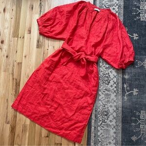 Red Midi Dress with Tie Waist - Women's Puff Sleeve Midi